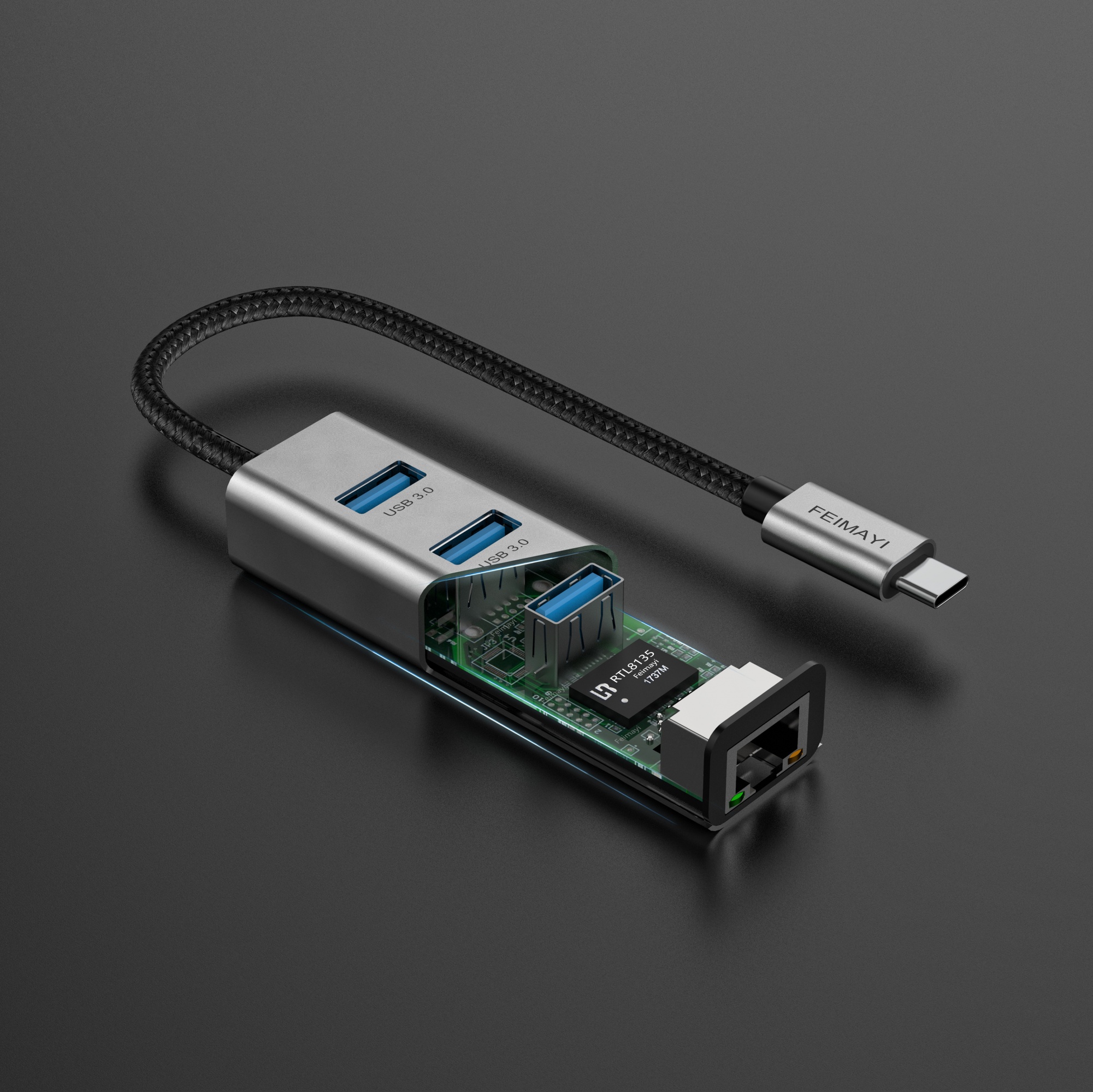 USB-C to USB 3.0X3+RJ45 HUB 多功能扩展坞建模渲染